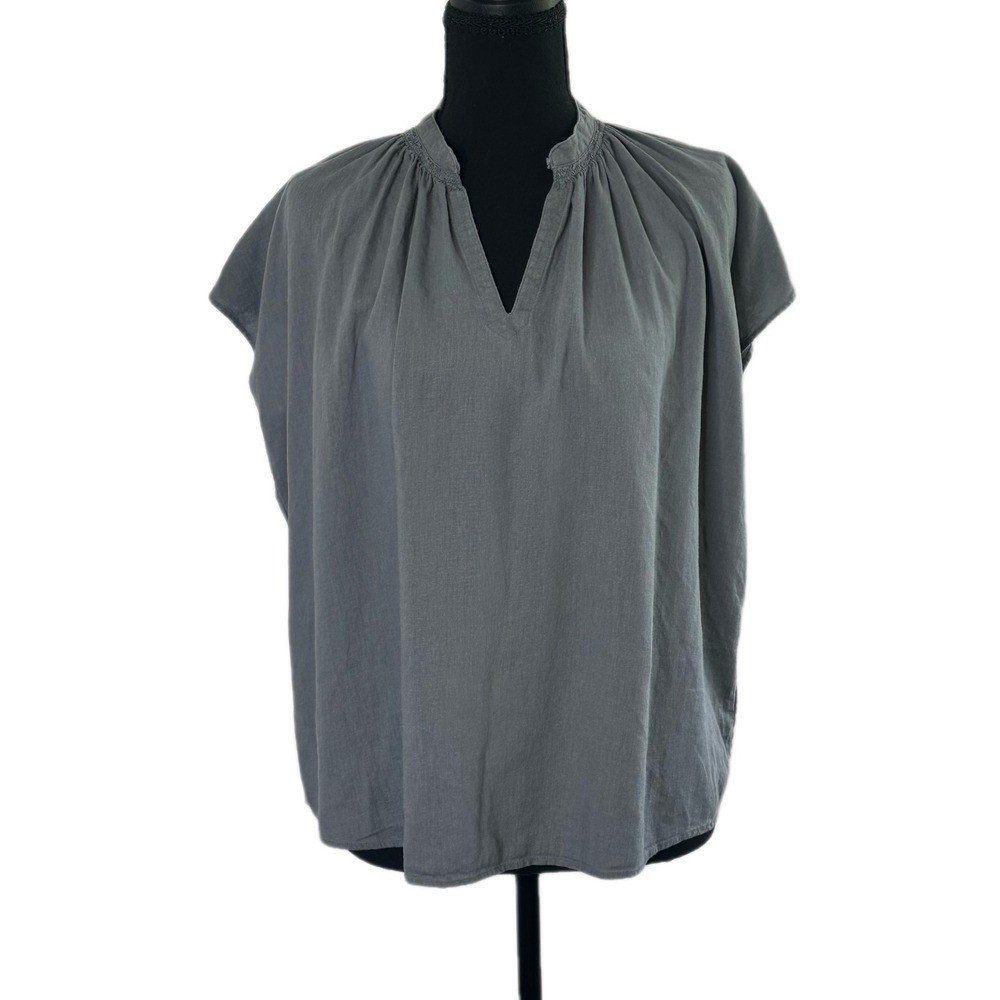 Uniqlo Womens Gray Linen Blend Split V-Neck Gathered Cap Sleeve Blouse‎ Large